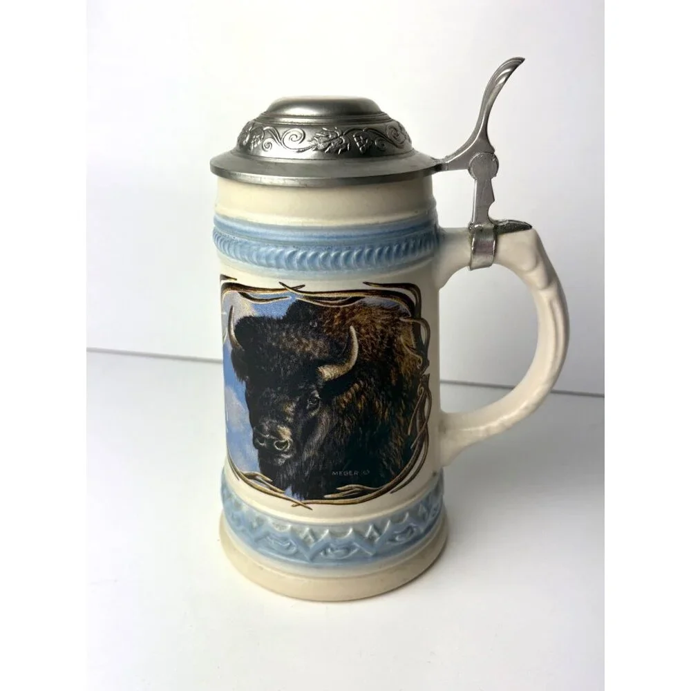 VTG Gerz German Beer Stein Pewter‎ Lid Buffalo 95% Zinn Ceramic 8”